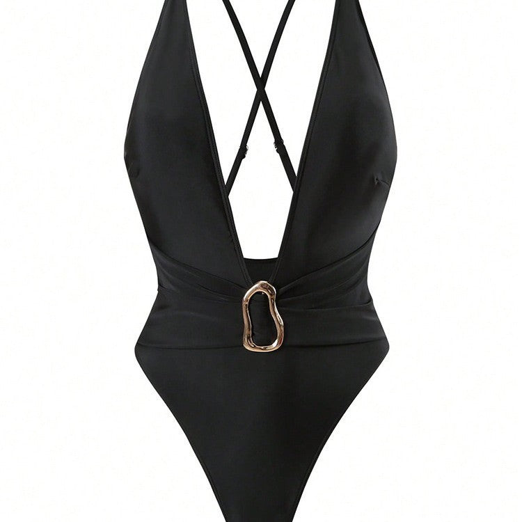 Ladies Elegant One-Piece Swimsuit with Refined V-Neck and Adjustable Straps Mune Fashion