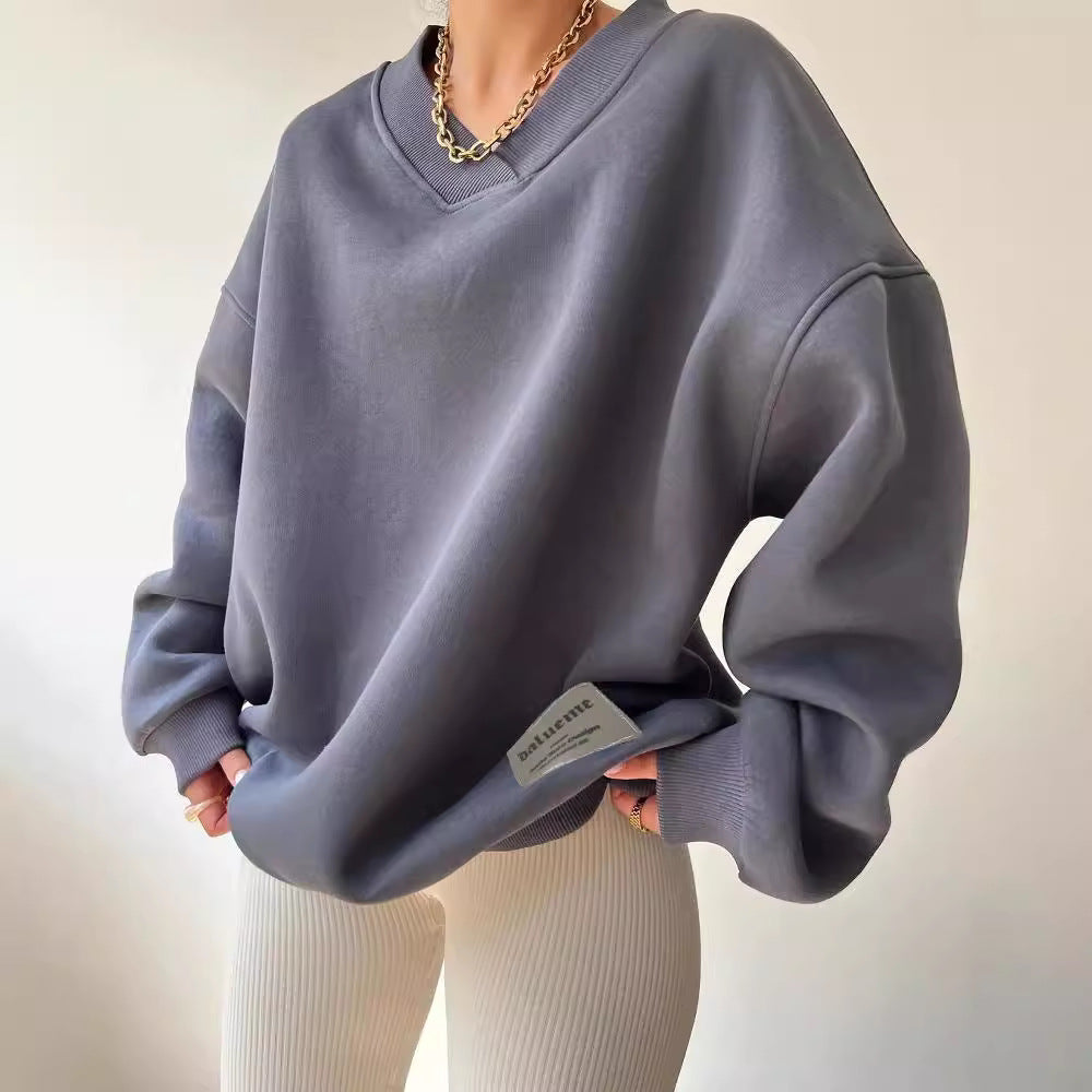 Women Oversized Sweatshirt with V-neck and Ribbed Collar Mune Fashion