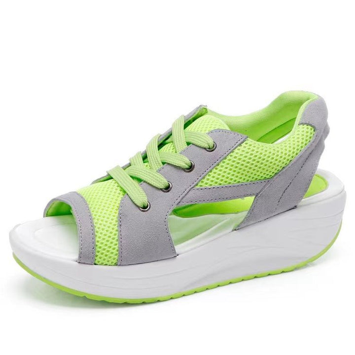 Women's sporty wedge sandal in sneaker style with breathable mesh, padded comfort insole, and open toe area Mune Fashion