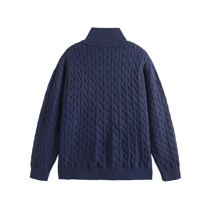 Unisex Thick Knit Cable Pattern Sweater with Half Zip and High Ribbed Collar Mune Fashion