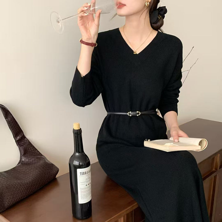 Women Long Fine Knit Midi Dress with V-Neck, Side Slit, and Relaxed Silhouette Mune Fashion