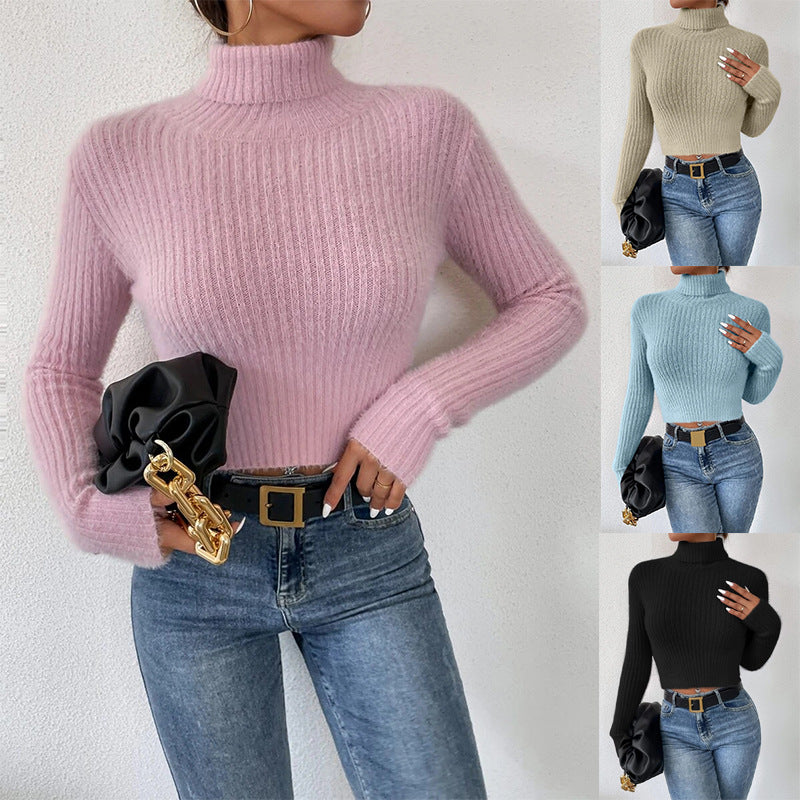 Women's Short Ribbed Turtleneck Sweater with Fluffy Mohair Look Mune Fashion