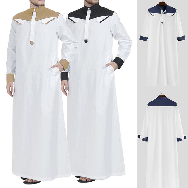 Men's long thobe with contrasting shoulder yoke, stand collar, and side pockets Mune Fashion