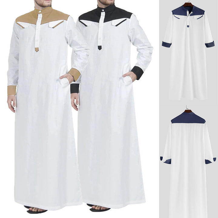 Men's long thobe with contrasting shoulder yoke, stand collar, and side pockets Mune Fashion