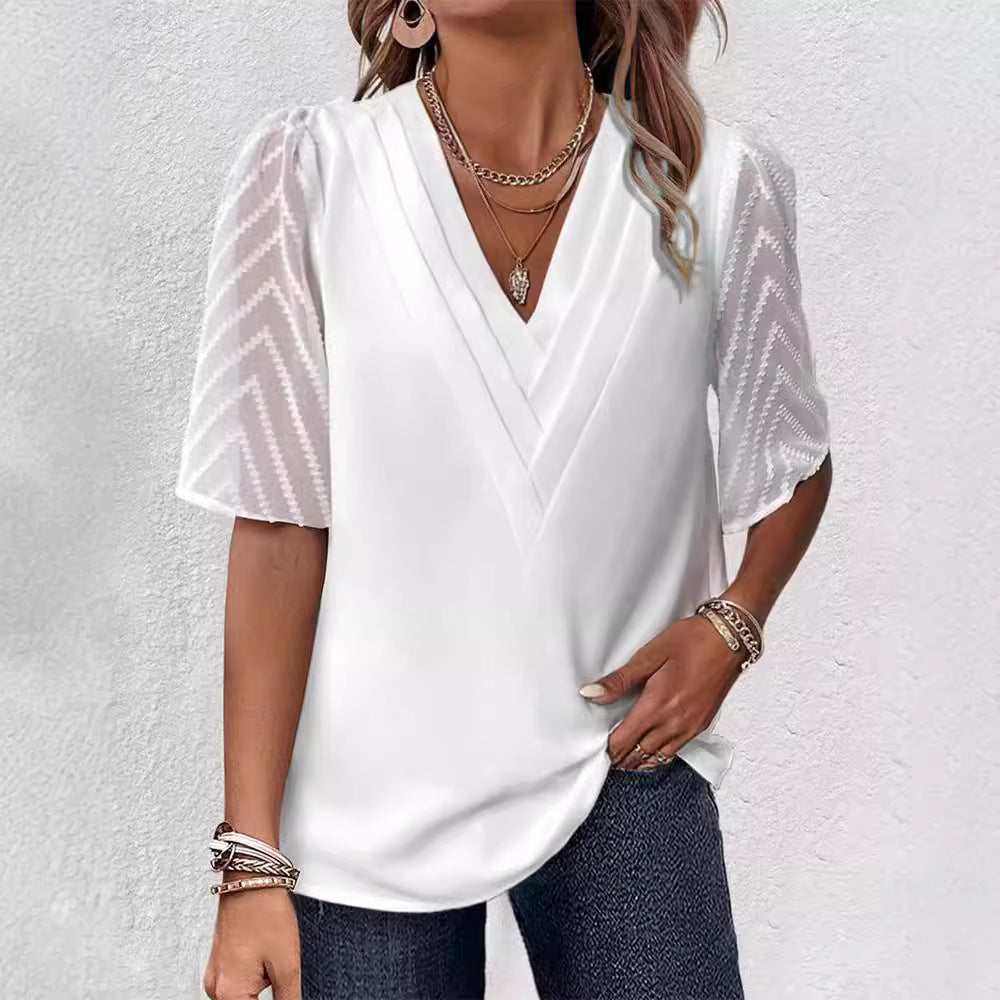 Women's elegant chiffon top with pleated V yoke and transparent zigzag sleeves Mune Fashion