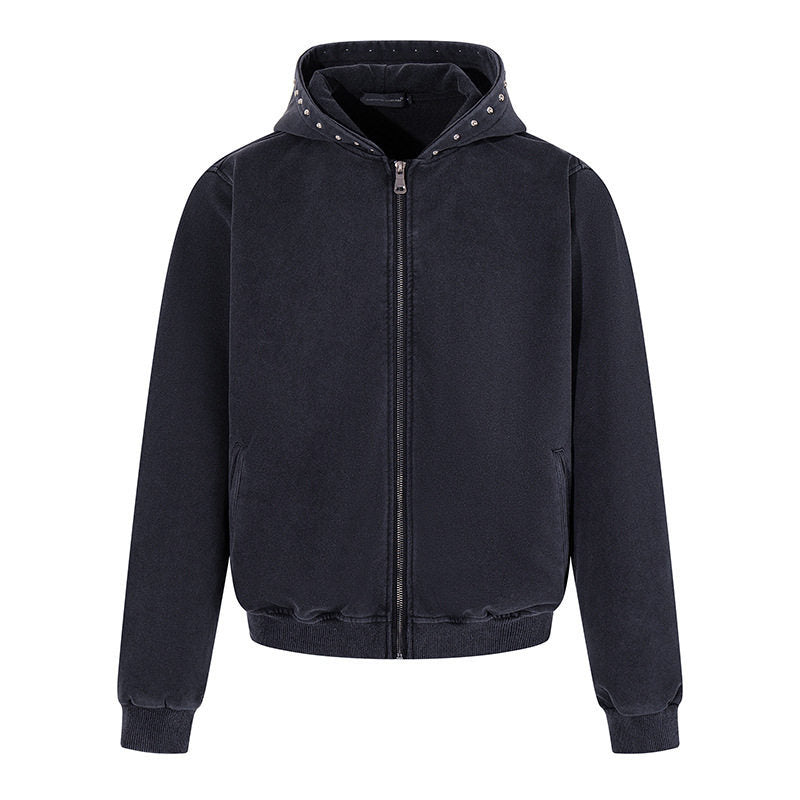 Men's Short Cut Zip Hooded Jacket made of Velour with Studded Hood Mune Fashion