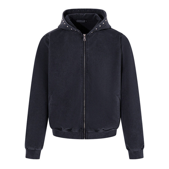 Men's Short Cut Zip Hooded Jacket made of Velour with Studded Hood Mune Fashion