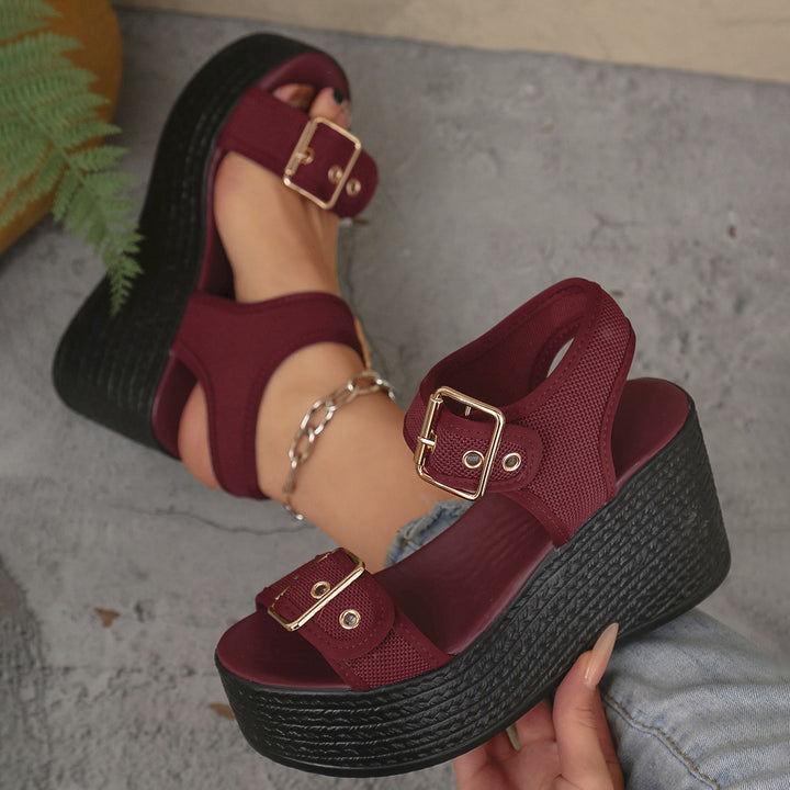 Ladies' espadrille platform sandals with textile straps, large metal buckles, and padded comfort footbed Mune Fashion