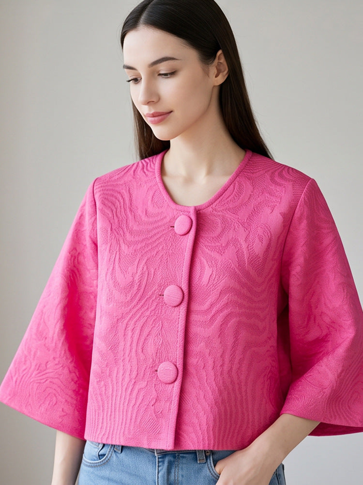 Women short-cut structured jacquard jacket with round neck & large fabric buttons Mune Fashion