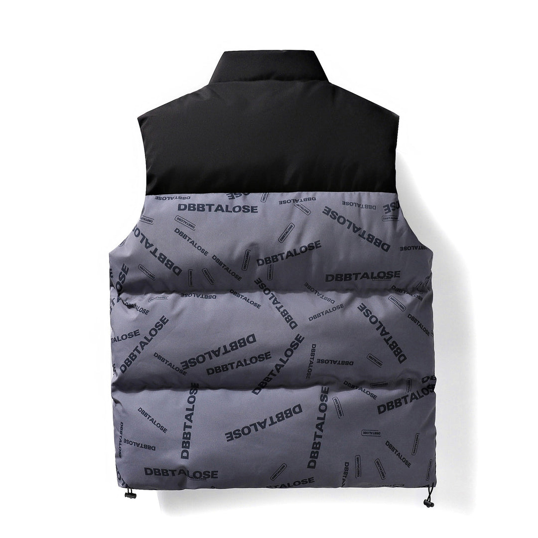 Men's Padded Quilted Vest with High Collar Allover Logo Print & Drawstring Hem Mune Fashion