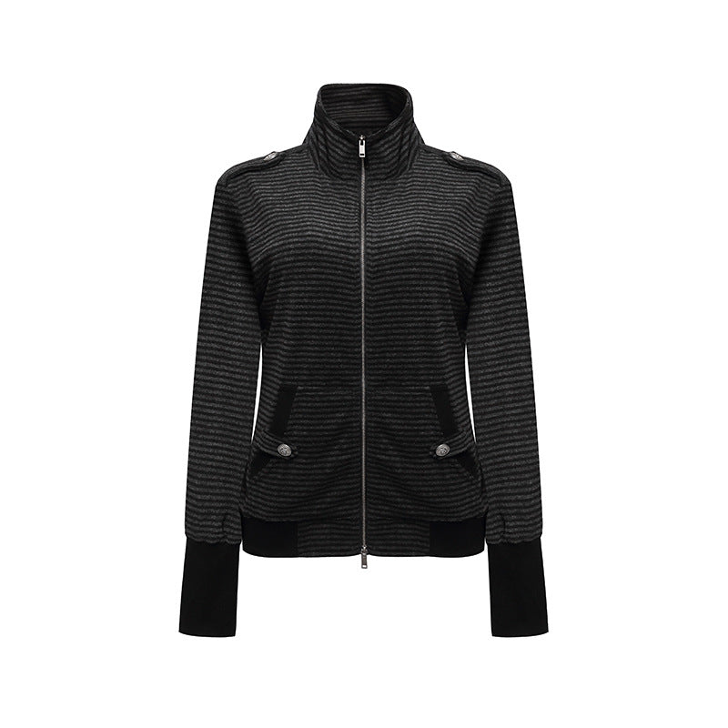 Women's Striped Zip Jacket with Stand Collar, Shoulder Flap Detail and Extended Cuffs Mune Fashion