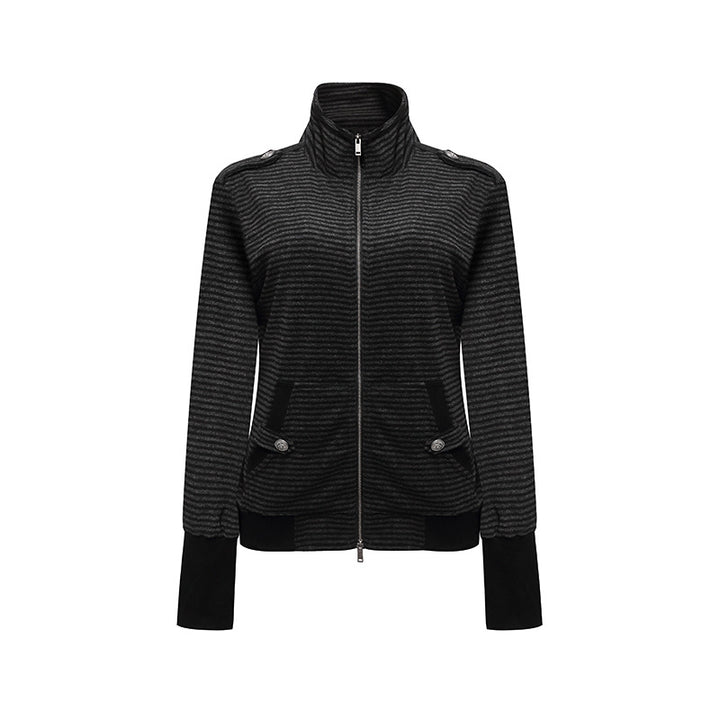 Women's Striped Zip Jacket with Stand Collar, Shoulder Flap Detail and Extended Cuffs Mune Fashion