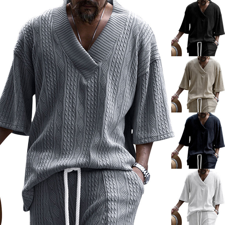 Men's oversized chunky knit sweater with deep V-neck and three-quarter sleeves Mune Fashion