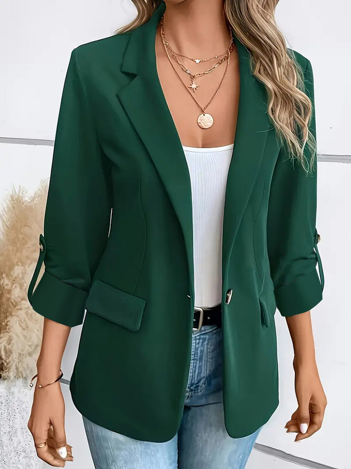 Women's tailored business blazer with cap sleeves, turned-up cuffs, and decorative buttons Mune Fashion