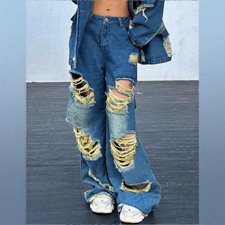 Women's wide Destroyed-Denim-Jeans with Neon Fringe Application Mune Fashion