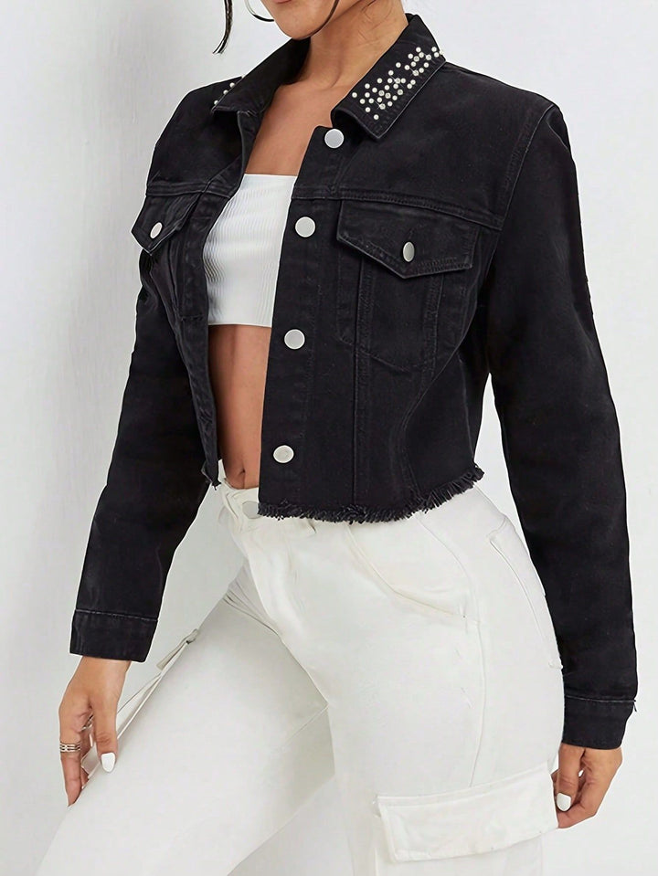 Women Cropped Denim Jacket with Beaded Collar and Raw Fringe Hem Mune Fashion