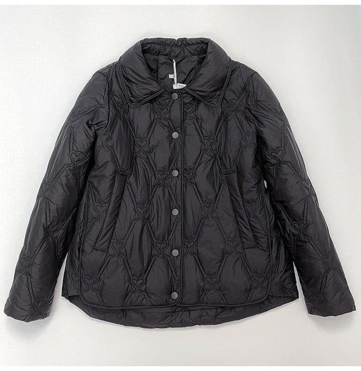 Women Short Cut Quilted Jacket with Decorative Stitching and Rounded Hem Mune Fashion