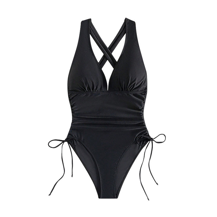 Women High-Cut One-Piece Swimsuit with Deep V-Neck and Side Ties Mune Fashion