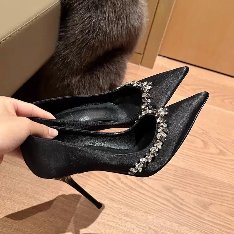 Ladies Luxury Patent Pumps with Pointed Toe and Rhinestone Accents Stiletto Heel Mune Fashion