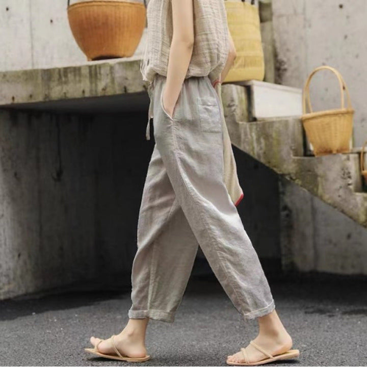 Women's casual linen pants with elastic waistband and side pockets Mune Fashion