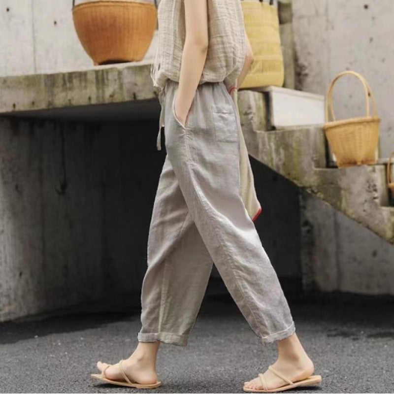 Women's casual linen pants with elastic waistband and side pockets Mune Fashion