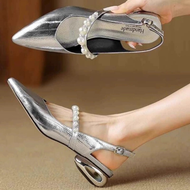 Women's lace Slingback Mules with pearl strap and sculptural heel Mune Fashion