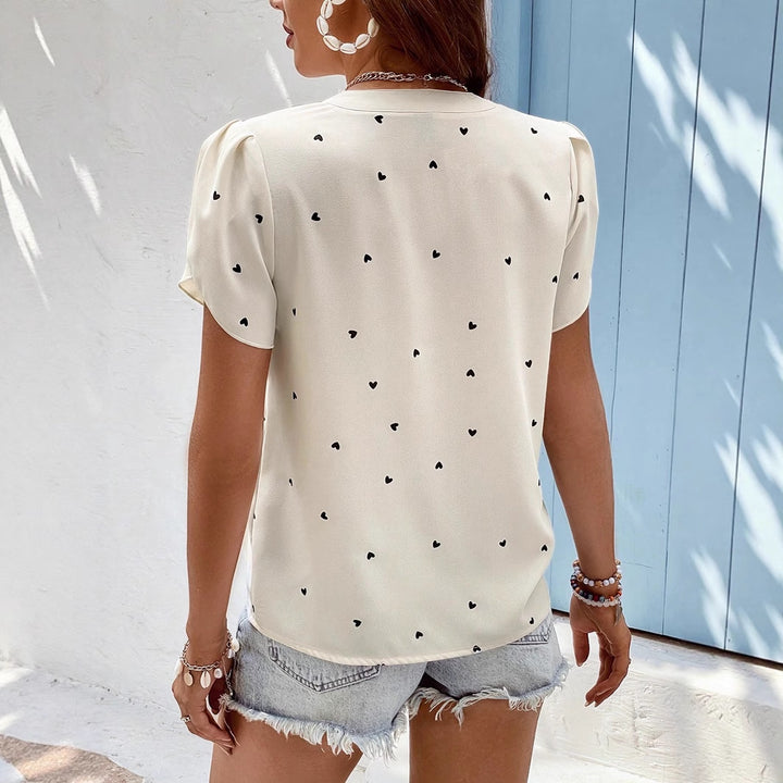 Women's Lightweight Chiffon Blouse with V-Neck, Heart Print and Ruffled Short Sleeves Mune Fashion
