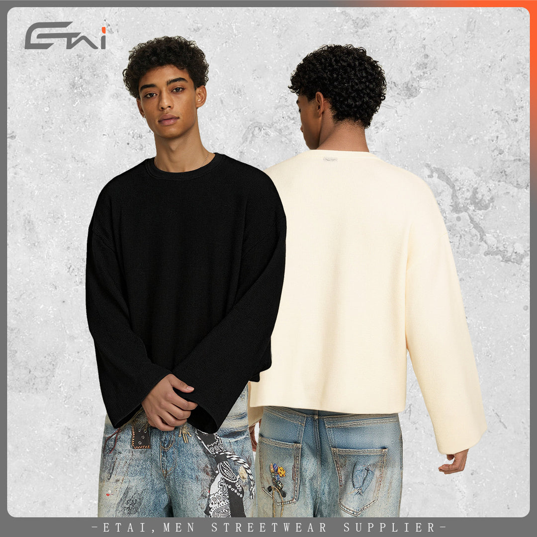 Men's Boxy Waffle Knit Sweater with Oversized Cut and Round Neck