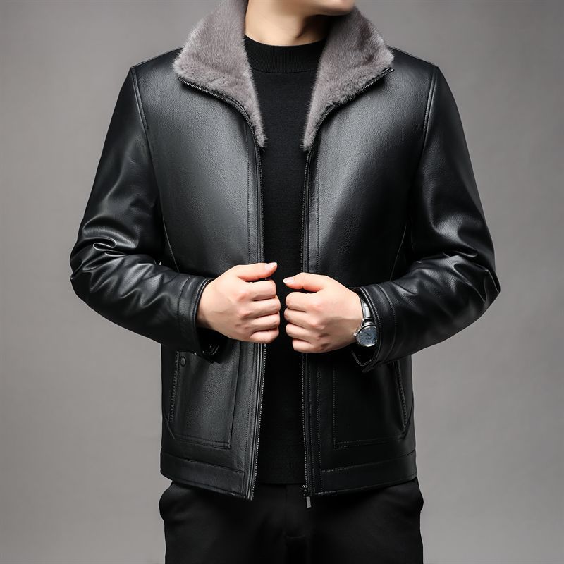 Men's faux leather jacket with teddy fur collar and warming thermal lining Mune Fashion