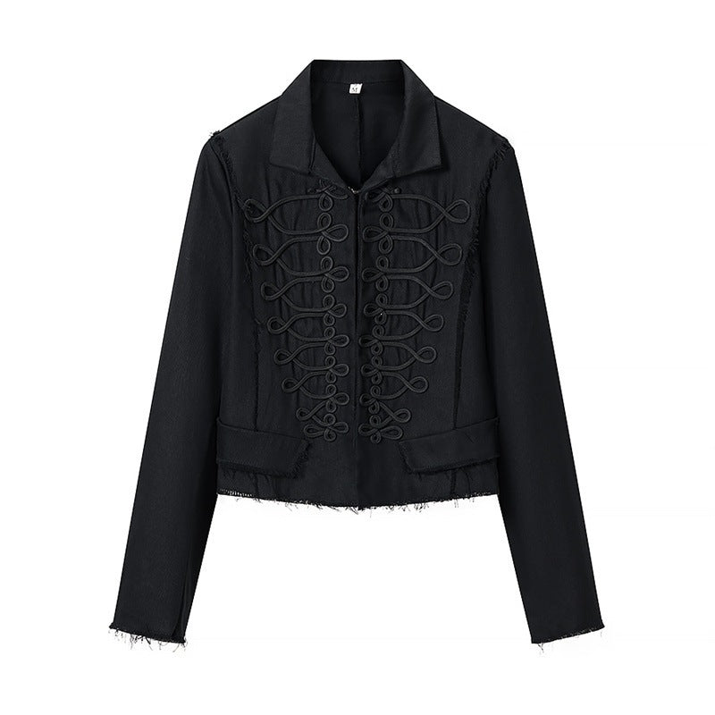 Women Cropped Military Inspired Jacket with Braid Application and Fringed Hem Mune Fashion