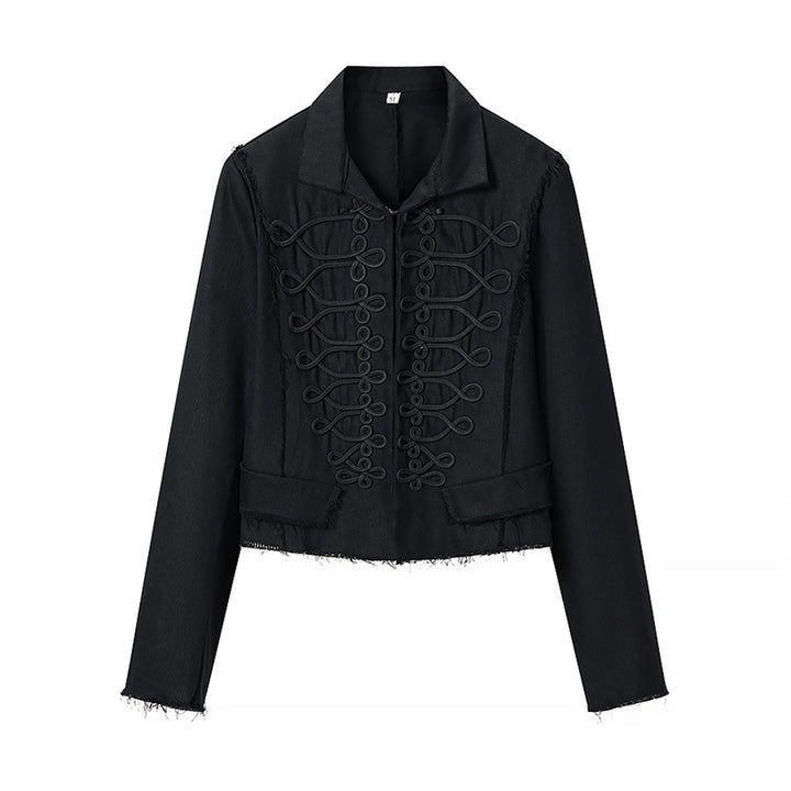 Women Cropped Military Inspired Jacket with Braid Application and Fringed Hem Mune Fashion