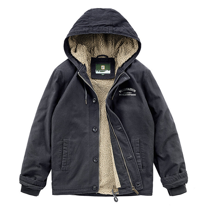 Men's Hooded Canvas Parka with Teddy Fleece Lining and Wind Protection Placket Mune Fashion