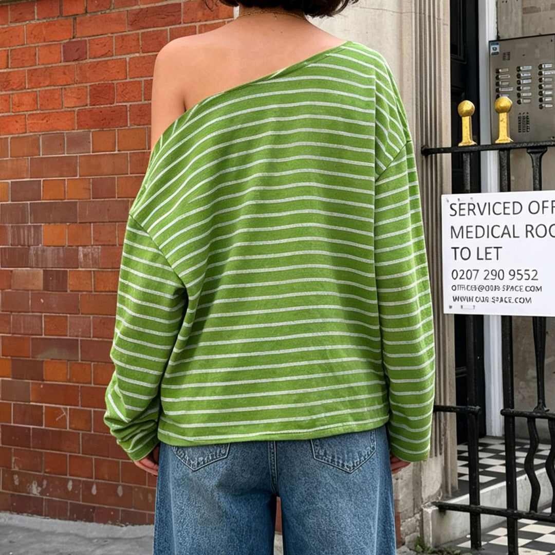 Women's Oversize Long Sleeve Top with Wide Neckline, Maritime Stripes and Relaxed Fit Mune Fashion