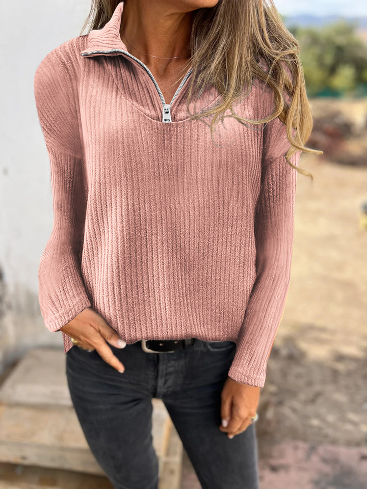 Women Ribbed Knit Sweater with Half Zip and Stand-Up Collar Mune Fashion