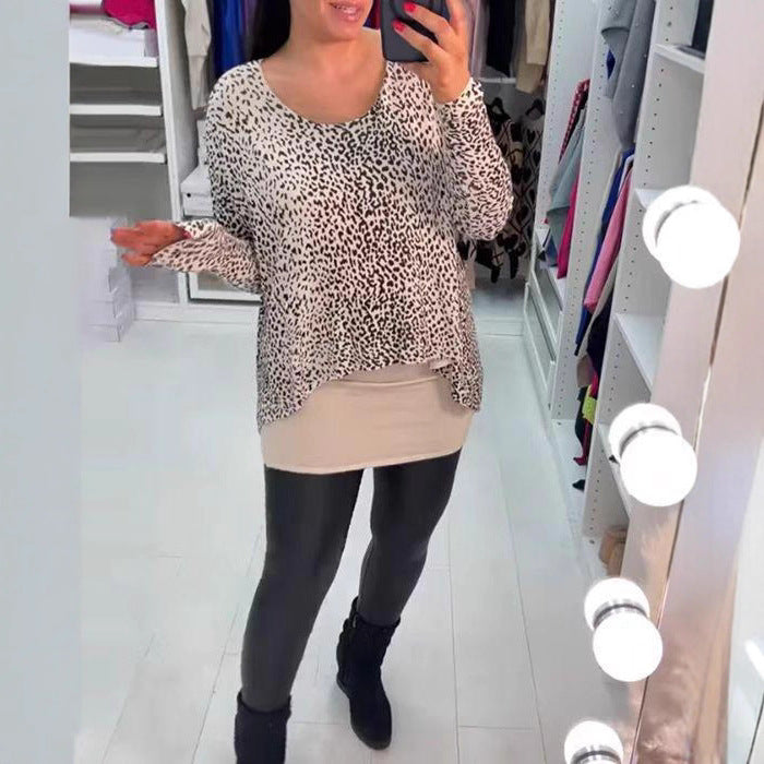 Women loose-fitting tunic long sleeve with leopard print, rounded hem and layered look Mune Fashion