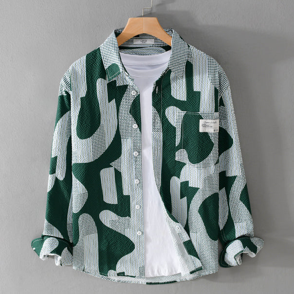 Men's Loose Patterned Cotton Overshirt with Crinkle Structure Mune Fashion