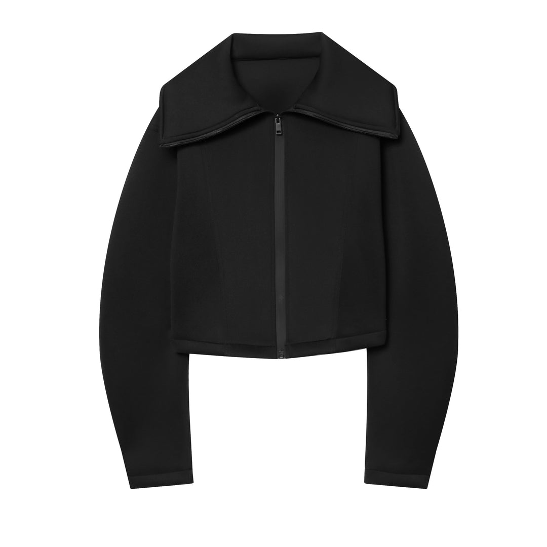 Women Cropped Boxy Jacket with Oversized Funnel Collar and Concealed Zipper Mune Fashion
