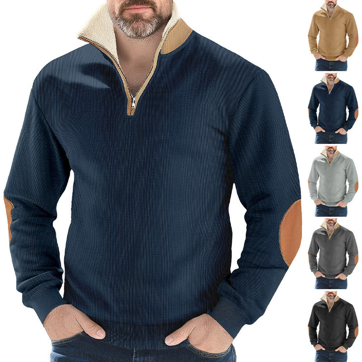 Men's structured knit half-zip pullover with warming sherpa collar and velour elbow patches Mune Fashion