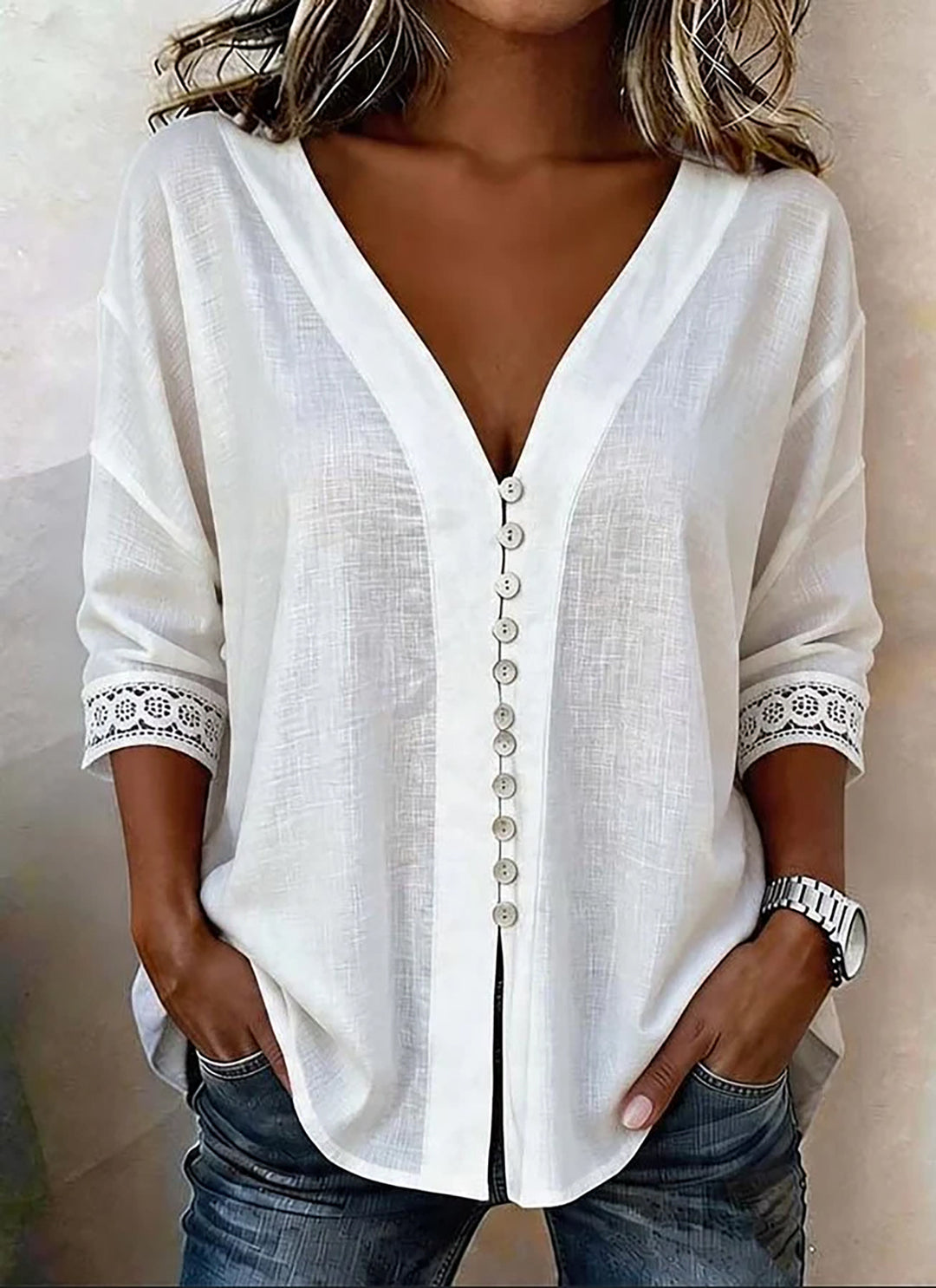 Ladies Light V-Neck Blouse with Decorative Button Placket and Lace Trim Sleeves Mune Fashion