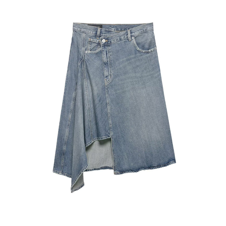 Women's Asymmetrical Denim Wrap Skirt with Inserts and Pockets Mune Fashion