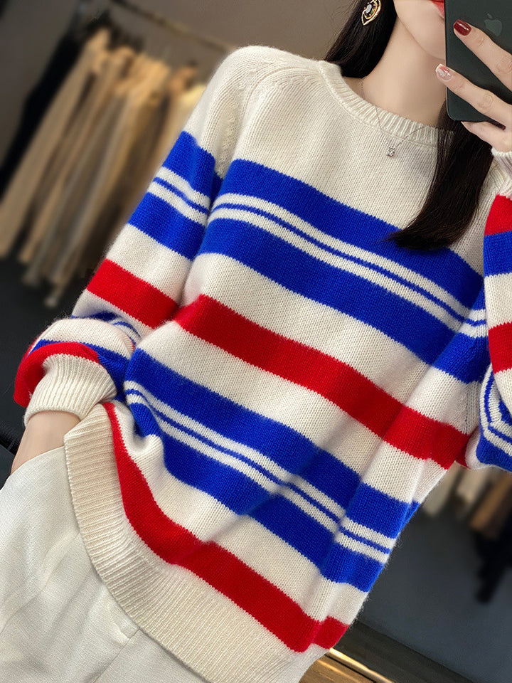 Women’s oversized striped sweater made of soft wool blend with nautical block stripes and round neck Mune Fashion