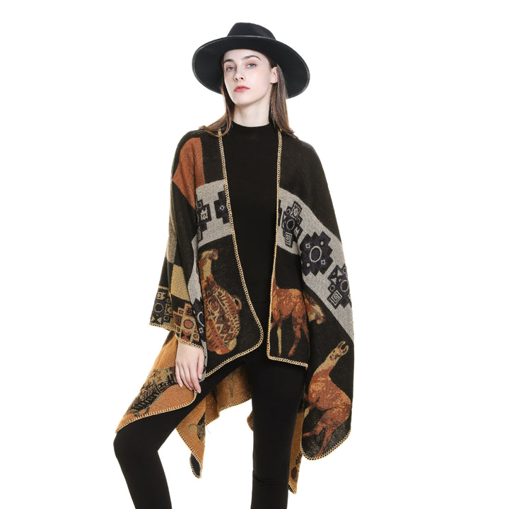 Women's Oversized Jacquard Cape Poncho with Ornamental Weaving Structure Mune Fashion