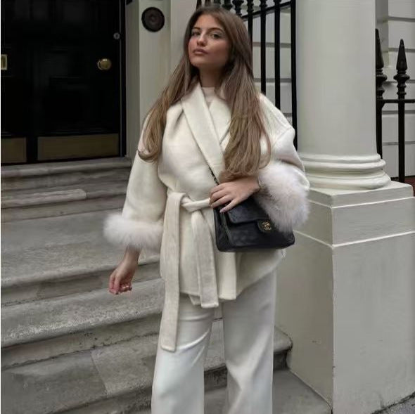 Women's fitted coat with belt tie, shawl collar and voluminous faux fur cuffs Mune Fashion