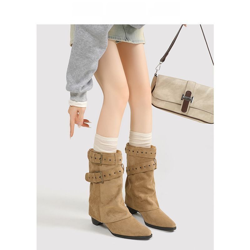 Women's slouch boots with pointed toe, buckle strap and low heel Mune Fashion