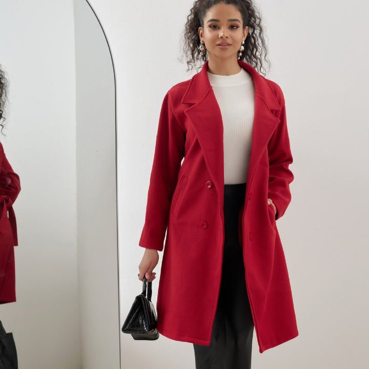 Ladies Elegant Knee-Length Double-Breasted Wool Blend Coat with Notched Lapel Mune Fashion