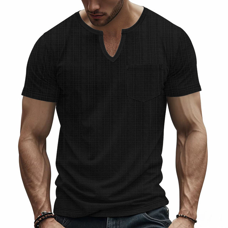 Men's short-sleeved shirt with slit V-neck structured linen look and patch chest pocket Mune Fashion