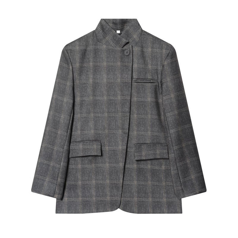 Women's tailored check blazer with stand-up collar, concealed button placket and flap pockets Mune Fashion