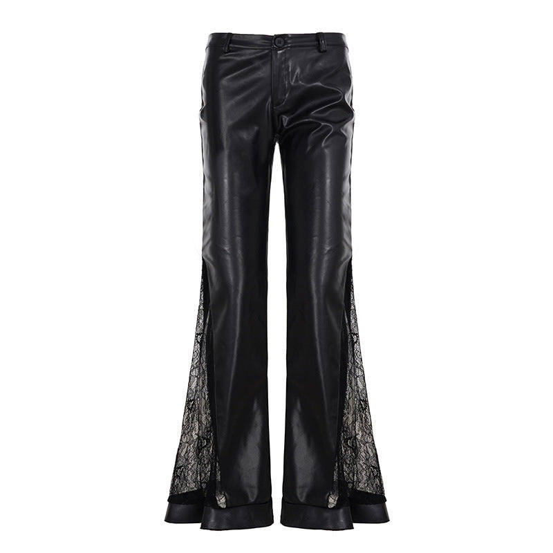 Women High-Waisted Faux Leather Flared Pants with Front Zipper and Decorative Zipper Pockets Mune Fashion