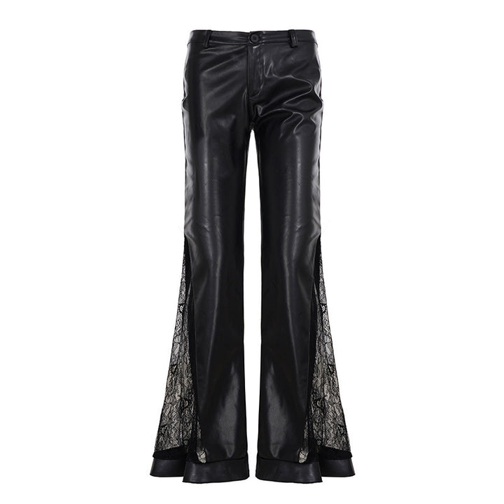 Women High-Waisted Faux Leather Flared Pants with Front Zipper and Decorative Zipper Pockets Mune Fashion