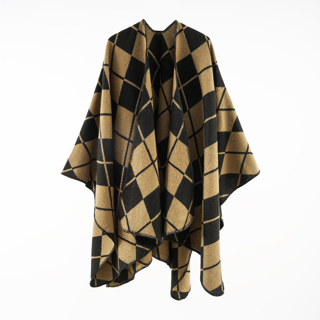 Women's Oversized Cape in Plaid Blanket Style made of Wool Blend with Open Fall Mune Fashion